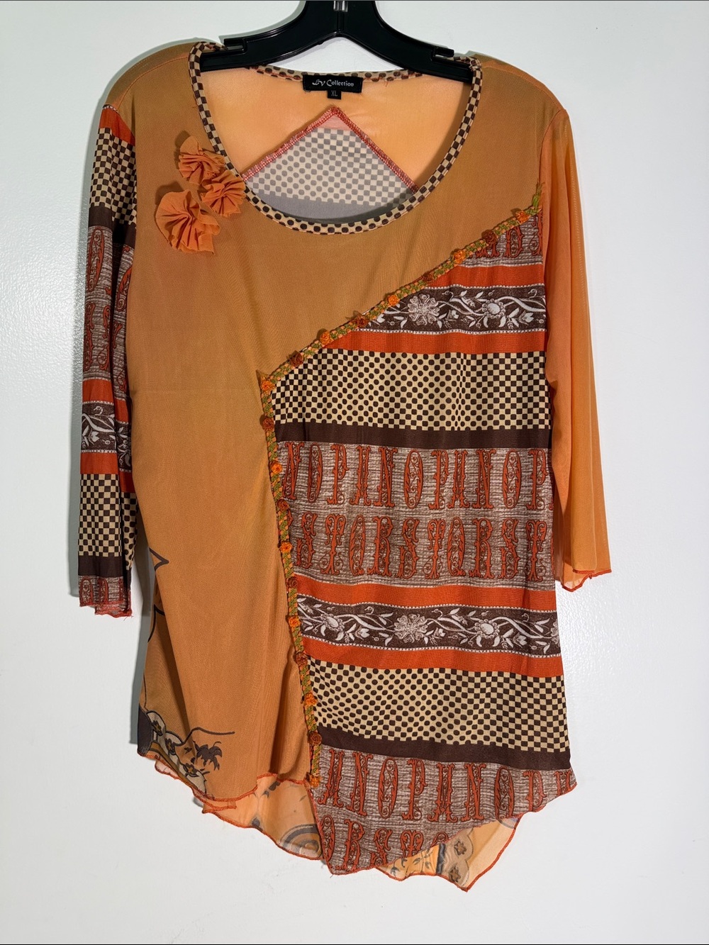 JM Collection Orange Mixed-Print Asymmetrical Tunic with Bow Accent
